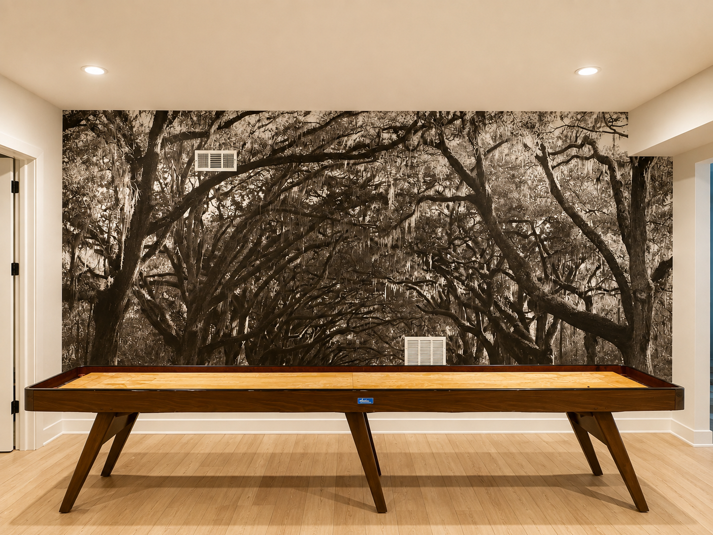 Sepia oak tree mural accent wall installed in a game room in Sandy Springs GA